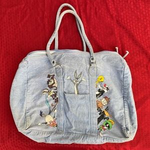 🌺Vintage 90s Looney Tunes Jean Denim Duffel Travel Bag Warner Bros.Toons Bug